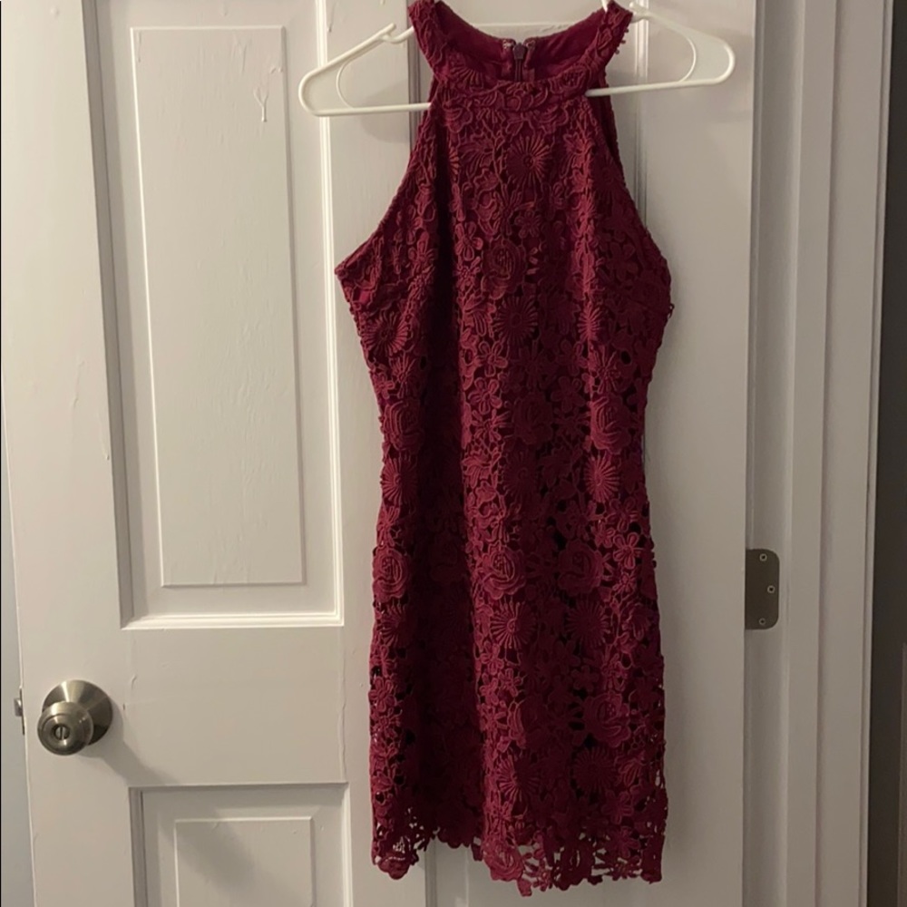 Lulus Small Burgundy Lace Mini 61976A Halter dress